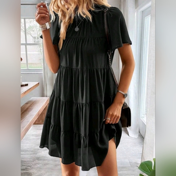 * New Boho Chiffon Tiered Ruffle Short Sleeve Dress Tie Bow Back Black - Picture 1 of 8